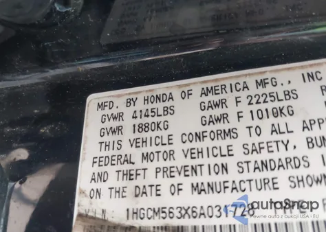 2006 Honda Accord 2.4 Se from USA, damaged, VIN 1HGCM563X6A031728